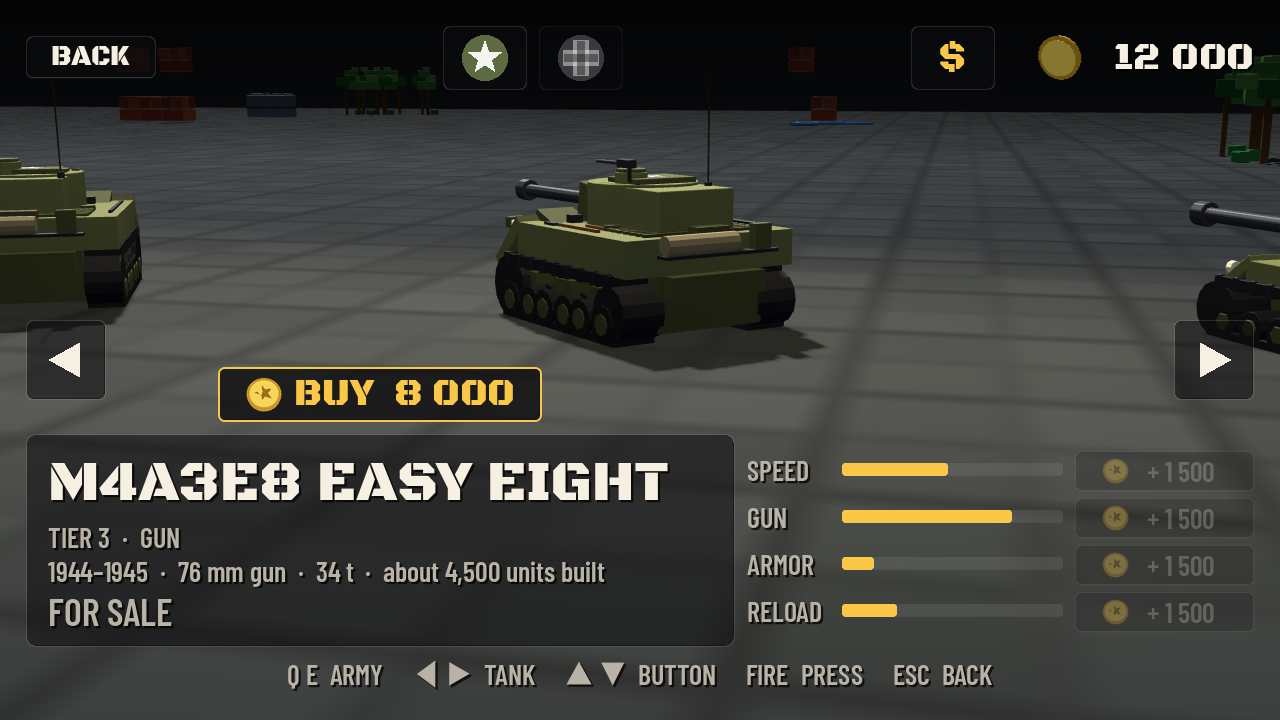 The motor pool: an M3 Stuart under the lights with its stats and its upgrade prices.