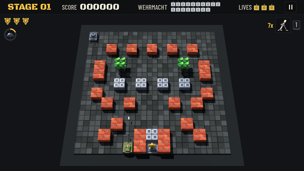 A stage in play: the player's tank holds a brick line in front of the eagle.
