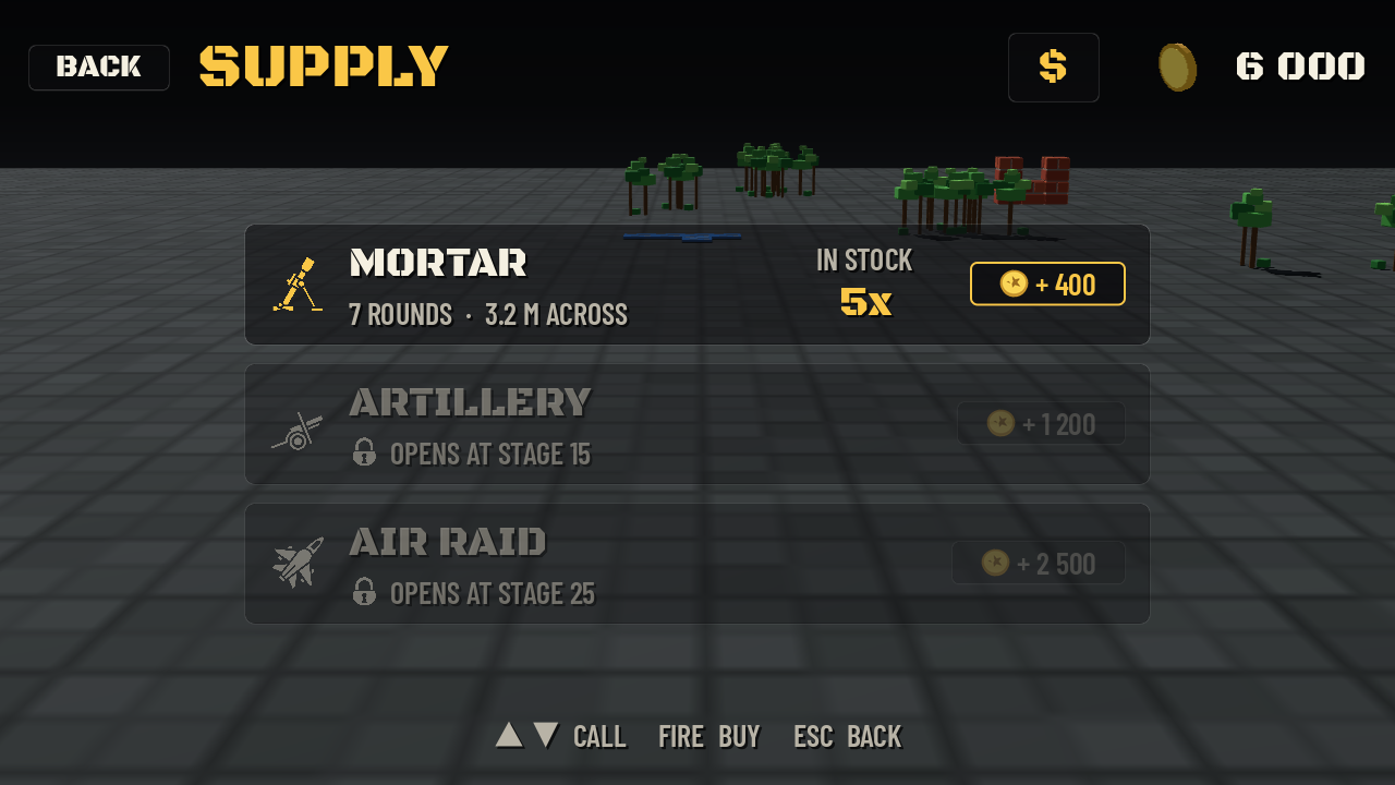 The supply screen: the mortar in stock, the heavier calls still locked.